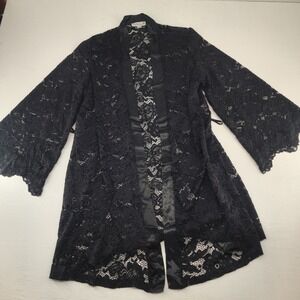 In Bloom by Jonquil XL | Black Floral Lace Satin Trim Kimono Robe Duster Coverup